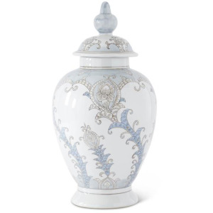 20.25" Light Blue & Gray Floral Ceramic Lidded Container