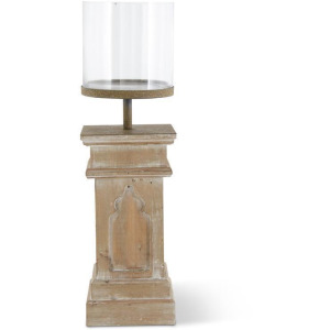 27.5" Whitewashed Wood Column w/Glass Hurricane Candleholder