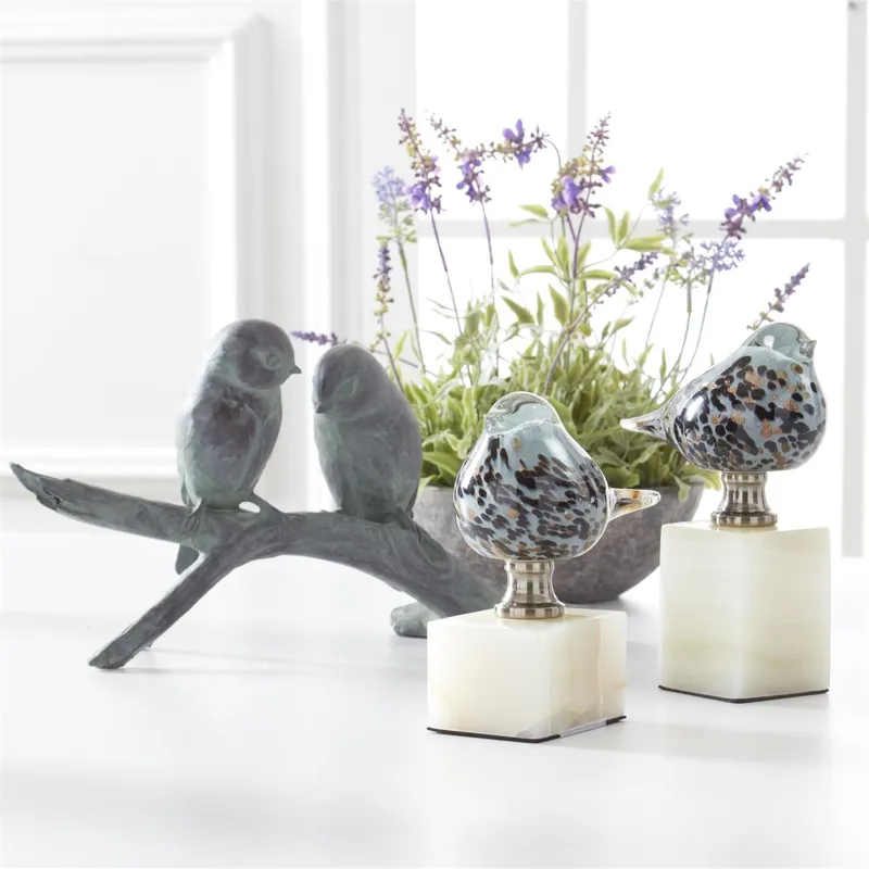 Blue Glass Birds on White Square Marble Bases - Set of 2