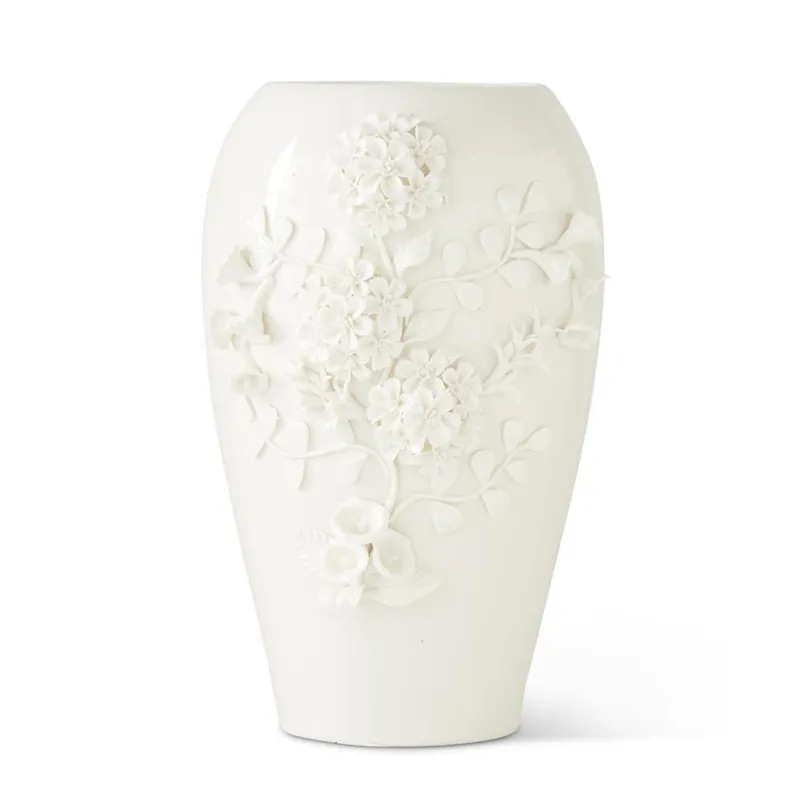 14" White Ceramic Handcrafted Dianthus Vase