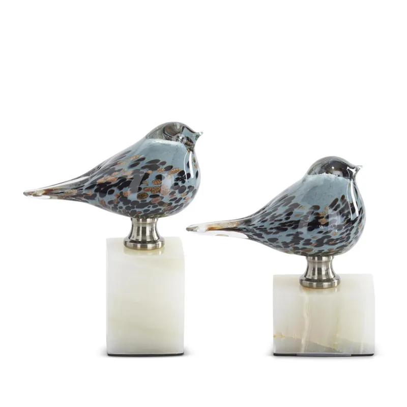 Blue Glass Birds on White Square Marble Bases - Set of 2