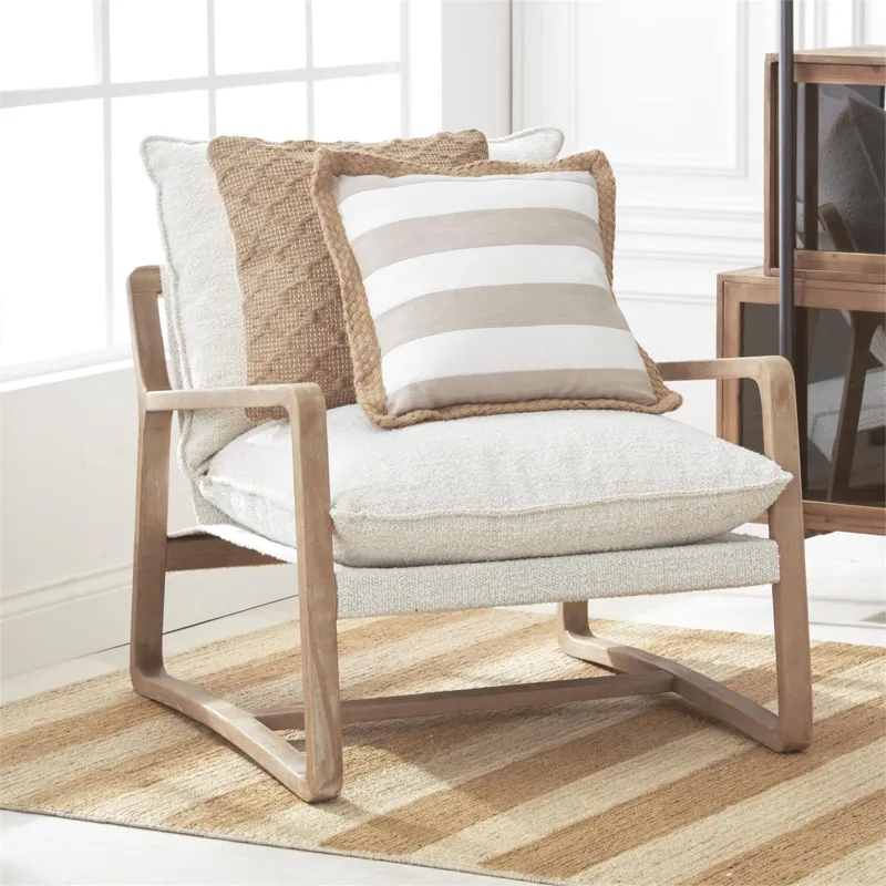 20" Linen Cream and Tan Striped Pillow w/Jute Braid Piping