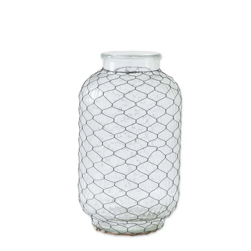 15.5" Clear GLass Ribbed Wide Vase w/Metal