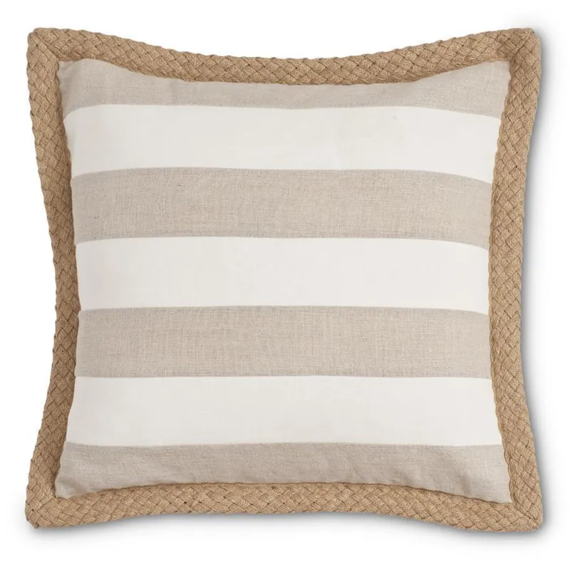 20" Linen Cream and Tan Striped Pillow w/Jute Braid Piping
