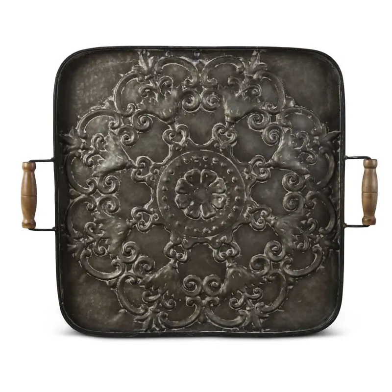 24.25" Square Metal Tray w/Wood Handle Wall Art