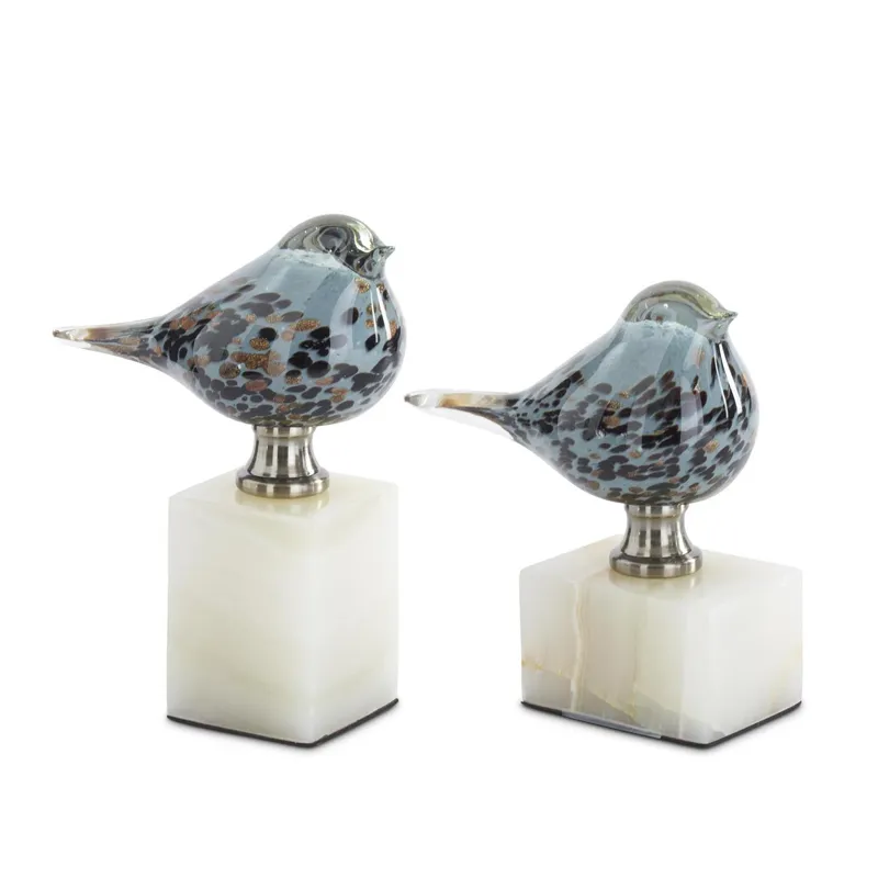 Blue Glass Birds on White Square Marble Bases - Set of 2