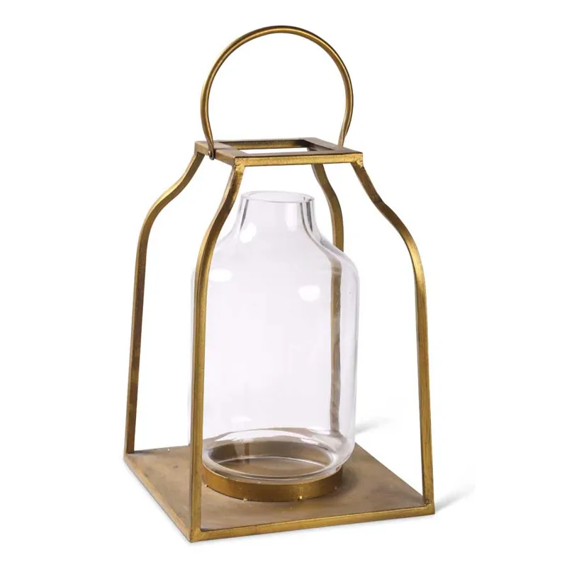 18" Lantern w/Gold Finish & Glass Hurricane