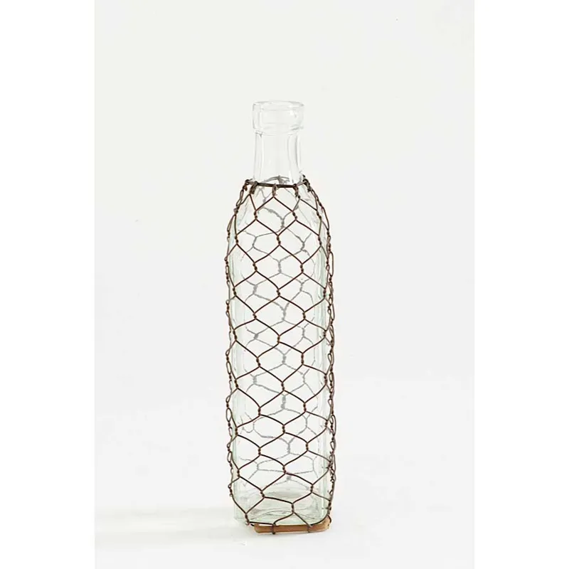 10 Inch Tall Square Glass Bottle w/ Wire Mesh Netting