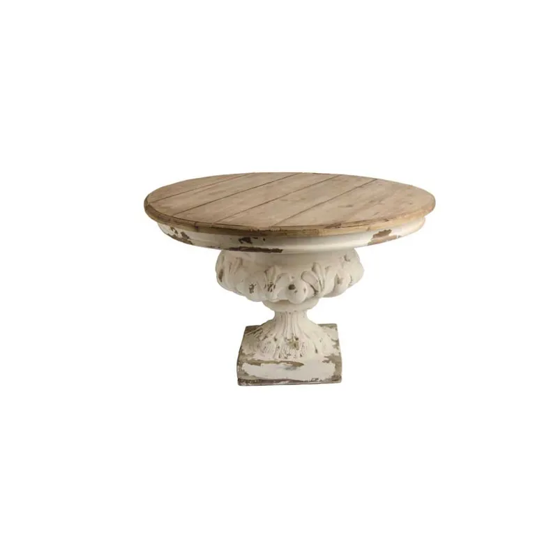 21 Inch Distressed White Resin Urn with Round Natural Wood Tabletop
