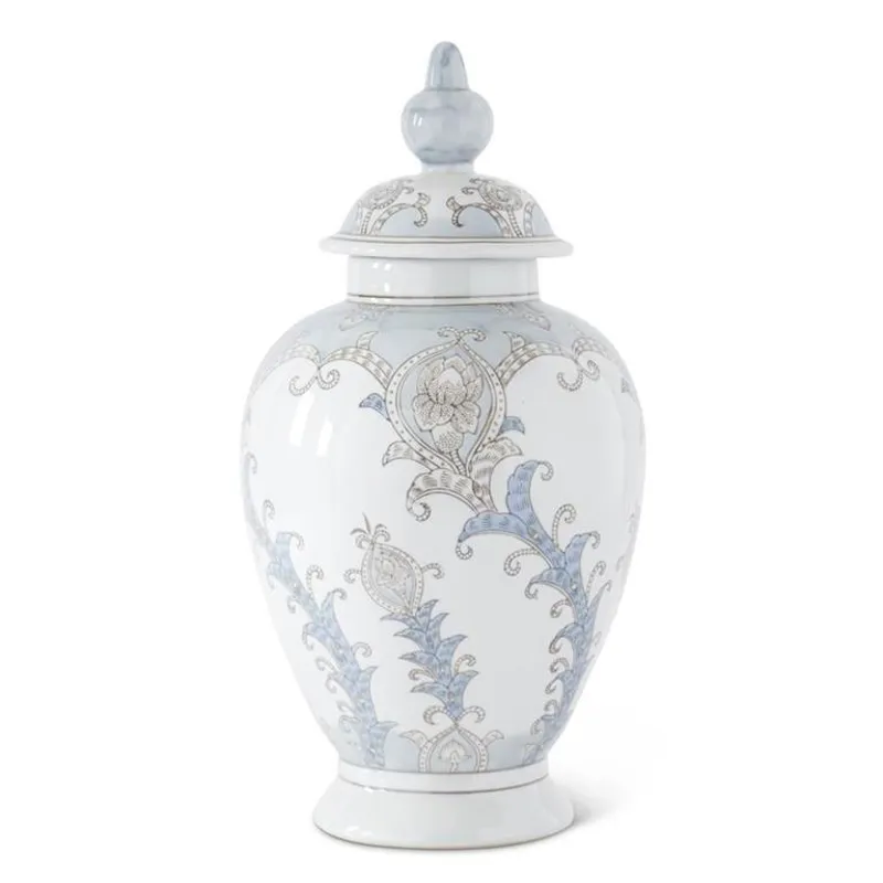 20.25" Light Blue &amp; Gray Floral Ceramic Lidded Container
