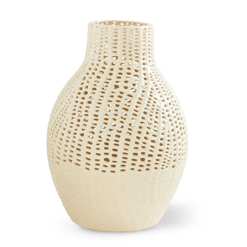 19" White Ceramic Basket Weave Vase