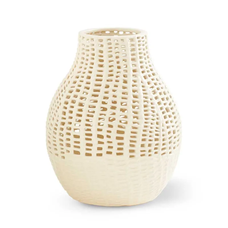 14" White Ceramic Basket Weave Vase