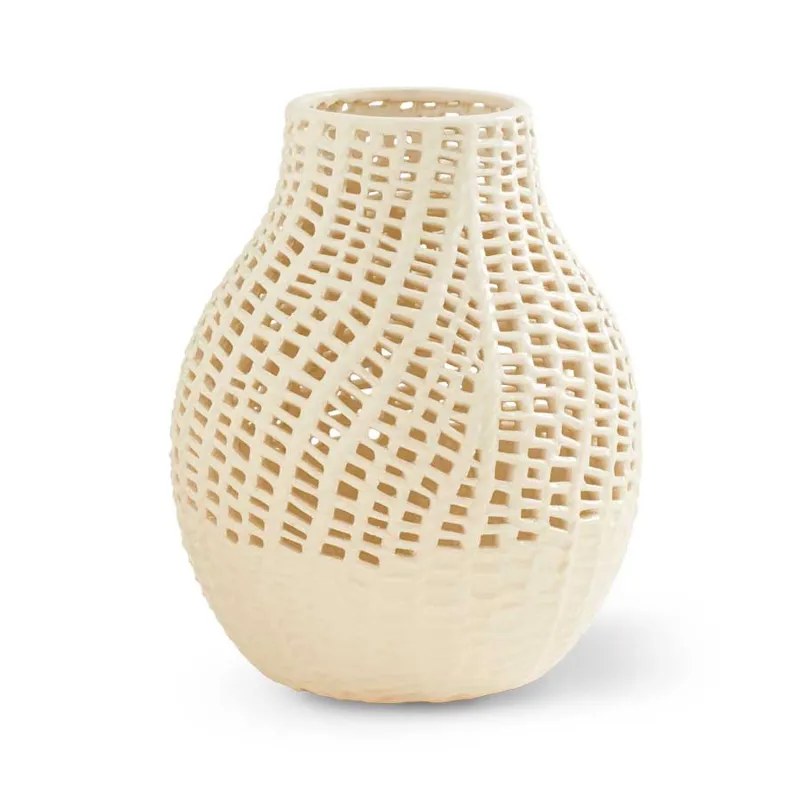 13" White Ceramic Basket Weave Vase