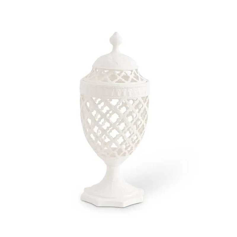 17" White Ceramic Filigree Lidded Urn Shaped Container