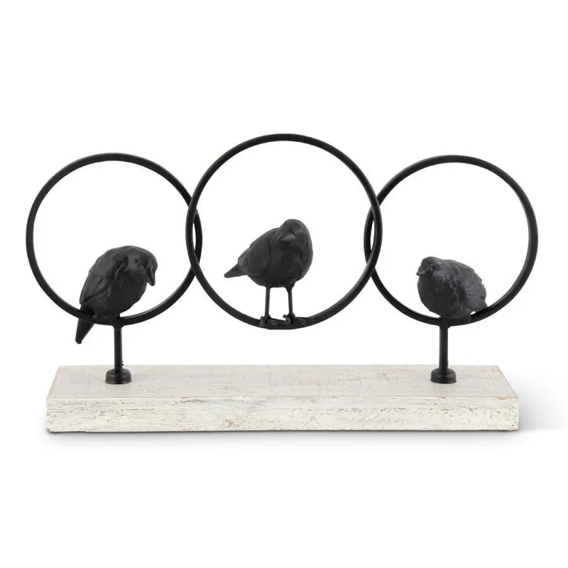 17.75" Black Metal Rings w/Birds on Wood Base