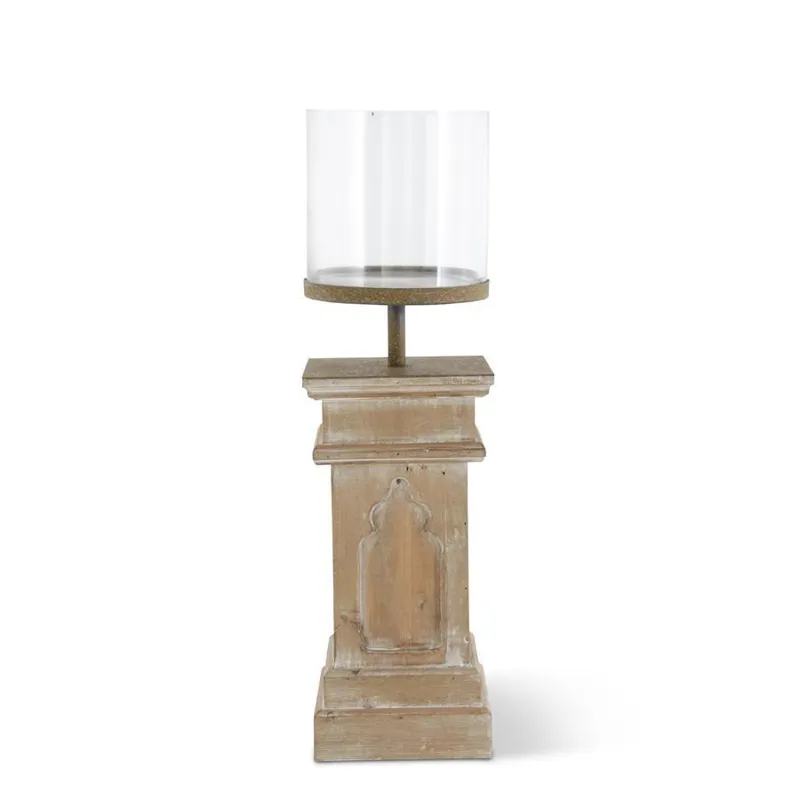 27.5" Whitewashed Wood Column w/Glass Hurricane Candleholder