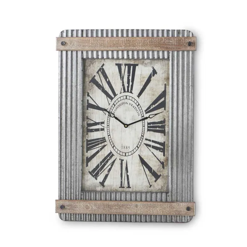 33 Inch Corrugated Metal Clock w/Wood Trim