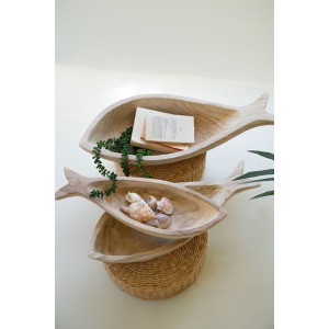 Set of 3 Carved Wood Fish Bowls