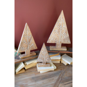 Set of 3 Carved Wood Christmas Trees on Stands