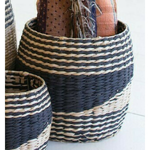 Round Black And Natural Seagrass Baskets - Medium