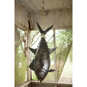 Recycled Hand Hammered Metal 3 Dimensional Tuna With Sisal Rope