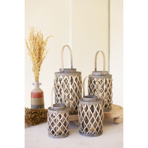 Grey Willow Cylinder Lanterns with Glass Inserts - Set of 4