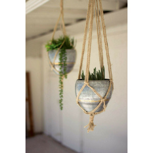 Hanging Galvanized Planters w/Woven Jute Rope - Set of 2