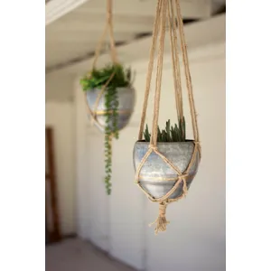 Hanging Galvanized Planters w/Woven Jute Rope - Set of 2