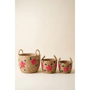 Set of 3 Seagrass Baskets with Embroidered Flowers