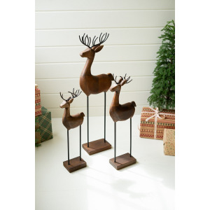 Carved Wood and Iron Reindeer on Bases - Set of 3