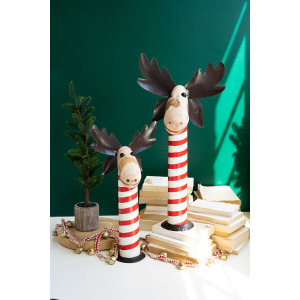 Recycled Iron Moose with Red & White Painted Wood Bases - Set of 2