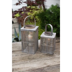 Square Grey Bamboo Lanterns With Glass - Set of 2