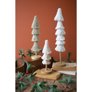 Crocheted Christmas Topiaries with Wooden Bases - Set of 3