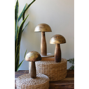 Antique Brass Mushrooms with Wooden Bases - Set of 3
