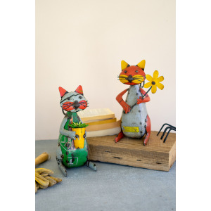 Recycled Iron Cats with Flower and Pot - Set of 2