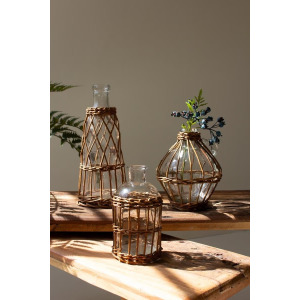 Set of 3 Wicker Wrapped Glass Bud Vases