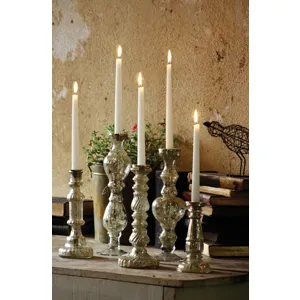 ANTIQUED SILVER GLASS TAPER CANDLE HOLDER 8"