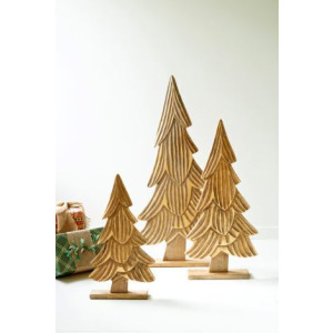 Natural Mango Wood Christmas Trees with Gold Detail - Set of 3
