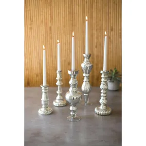 Antiqued Silver Glass Taper Candle Holders - Set of 5 