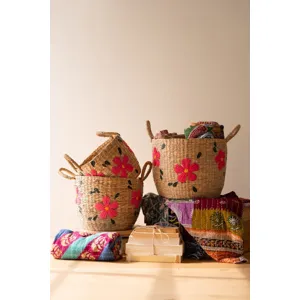 Set of 3 Seagrass Baskets with Embroidered Flowers