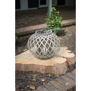 LOW ROUND GREY WILLOW LANTERN WITH GLASS - SMALL