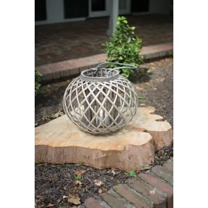 LOW ROUND GREY WILLOW LANTERN WITH GLASS - SMALL