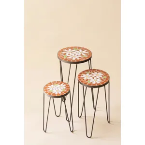Set of 3 Nesting Mosaic Tile Tables with Metal Bases