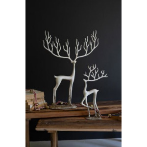 White Cast Aluminum Deer Sculptures - Set of 2