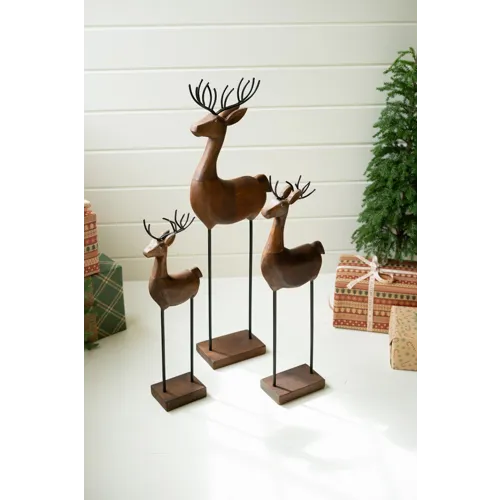 Carved Wood and Iron Reindeer on Bases - Set of 3