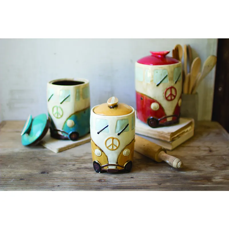 Set of 3 Ceramic Van Canisters With Surfboard Handles