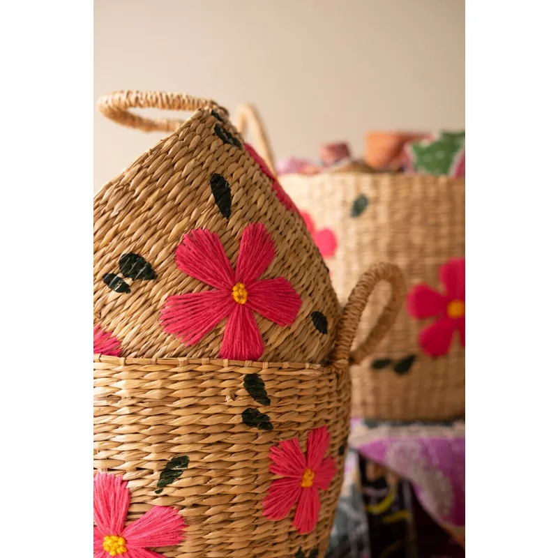 Set of 3 Seagrass Baskets with Embroidered Flowers