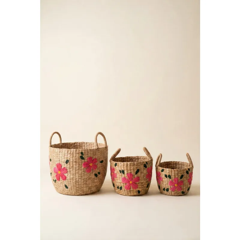 Set of 3 Seagrass Baskets with Embroidered Flowers