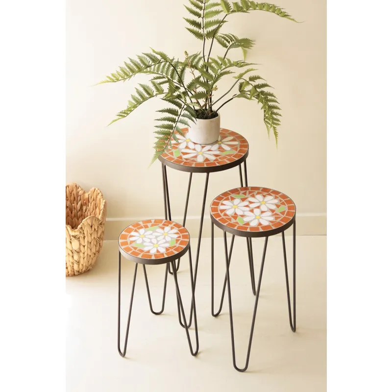 Set of 3 Nesting Mosaic Tile Tables with Metal Bases
