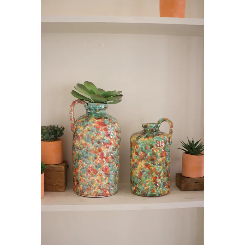 Set of 2 Multi Colored Spatterware Ceramic Bottles With Handle